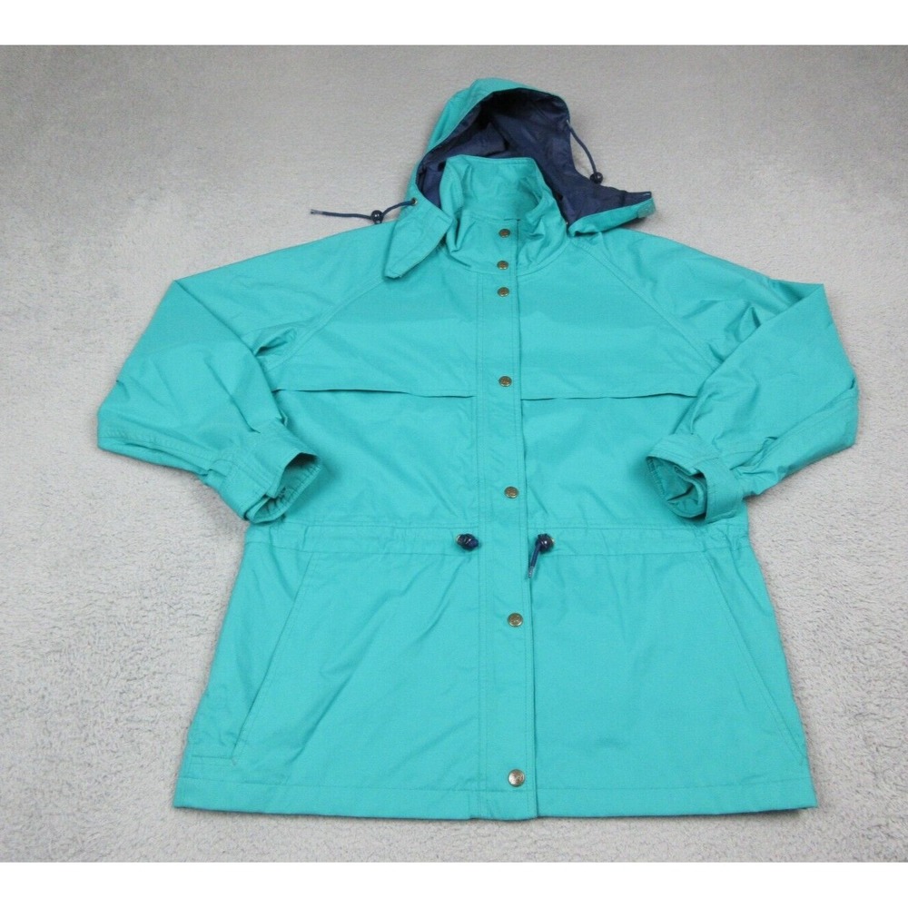 Vintage Eddie Bauer Jacket Womens Medium Blue Green Hooded Anorak Snap Pockets